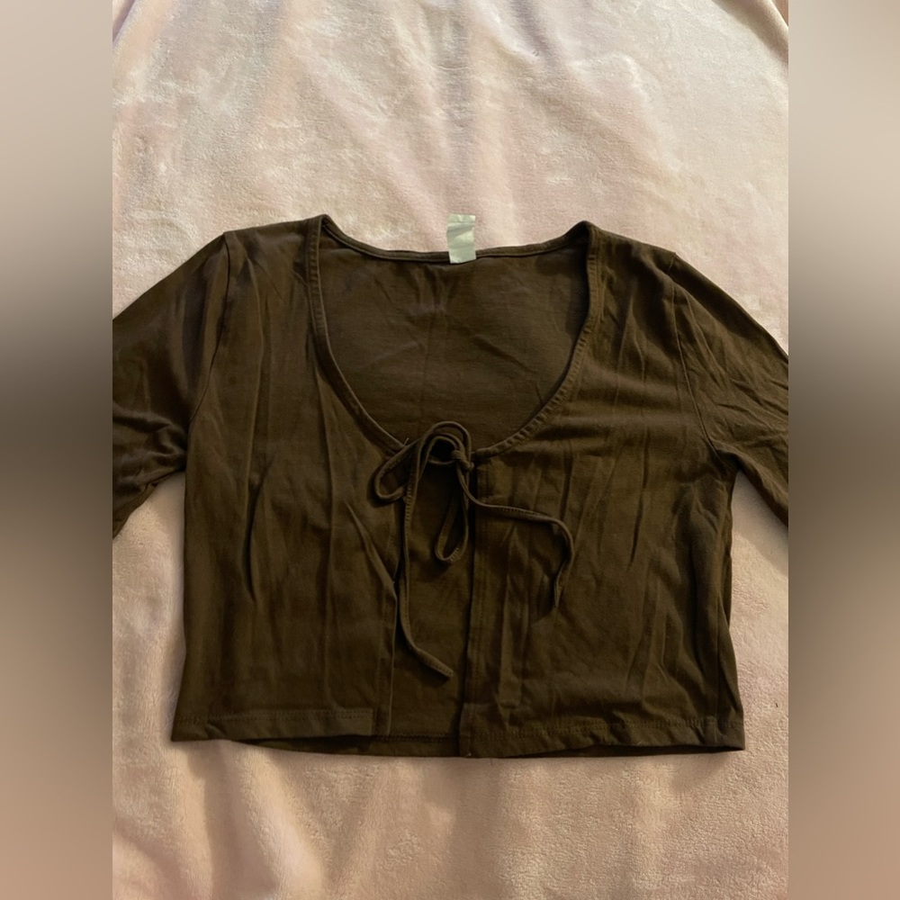 brown tie up open front crop top